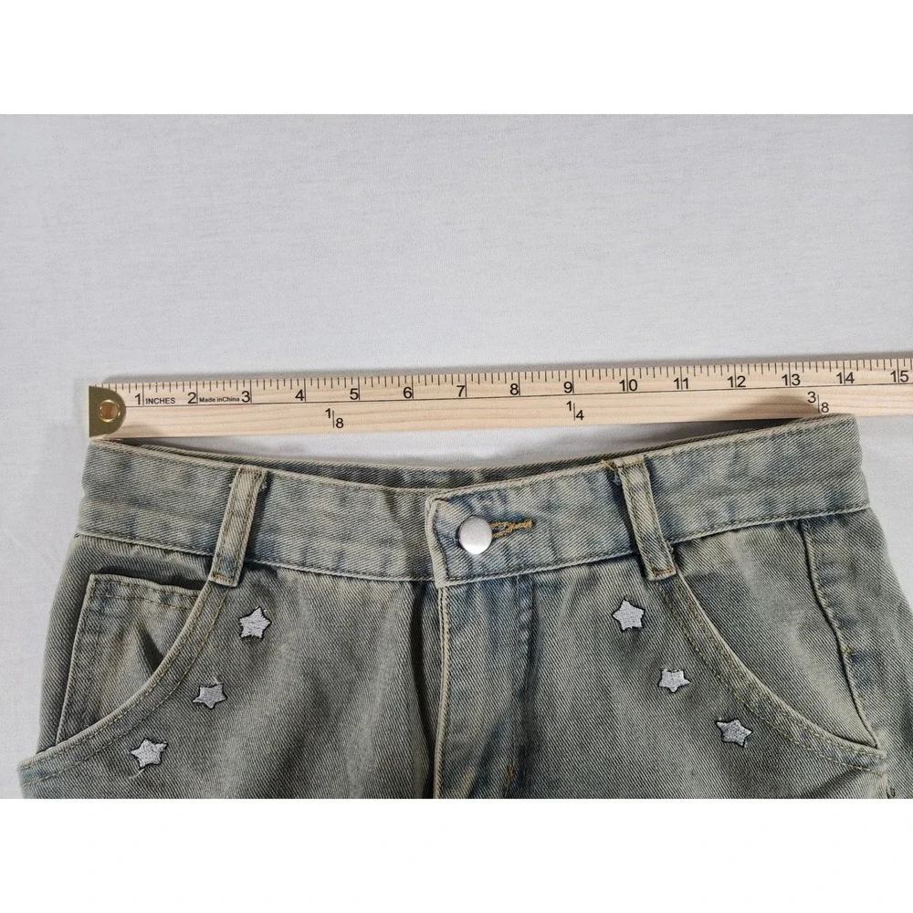 Unbranded Star Patch Jeans 28x27 Blue Denim Distressed Raw Hem Streetwear Clout